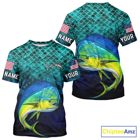 American Flag Mahi Mahi Fish Short Sleeve Performance Fishing Shirt Custom Angler Tournament Jersey NHT1656