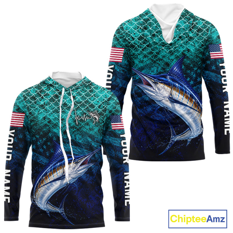 American Flag Marlin Fish Long Sleeve Hooded Performance Fishing Shirt Custom Angler Tournament Jersey NHT1657