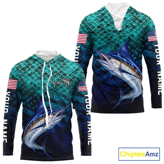 American Flag Marlin Fish Long Sleeve Hooded Performance Fishing Shirt Custom Angler Tournament Jersey NHT1657