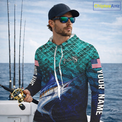 American Flag Marlin Fish Long Sleeve Hooded Performance Fishing Shirt Custom Angler Tournament Jersey NHT1657