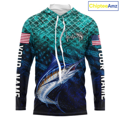 American Flag Marlin Fish Long Sleeve Hooded Performance Fishing Shirt Custom Angler Tournament Jersey NHT1657