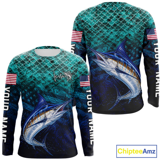 American Flag Marlin Fish Long Sleeve Performance Fishing Shirt Custom Angler Tournament Jersey NHT1657