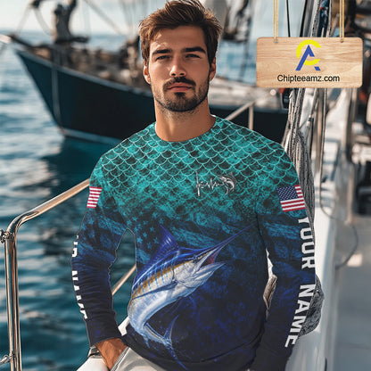 American Flag Marlin Fish Long Sleeve Performance Fishing Shirt Custom Angler Tournament Jersey NHT1657