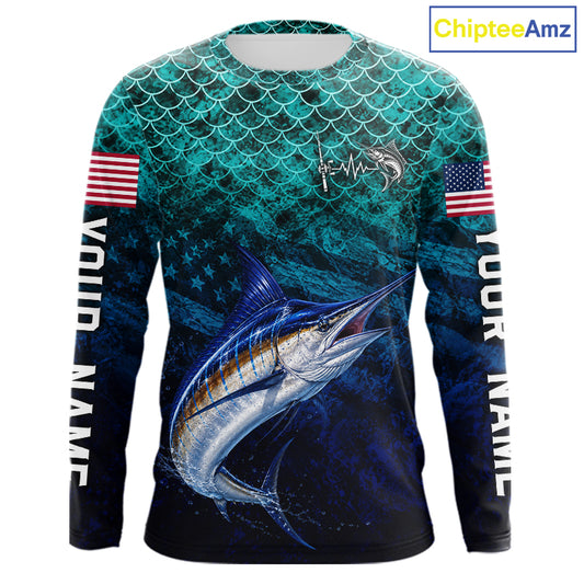 American Flag Marlin Fish Long Sleeve Performance Fishing Shirt Custom Angler Tournament Jersey NHT1657