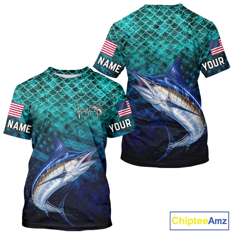 American Flag Marlin Fish Short Sleeve Performance Fishing Shirt Custom Angler Tournament Jersey NHT1657