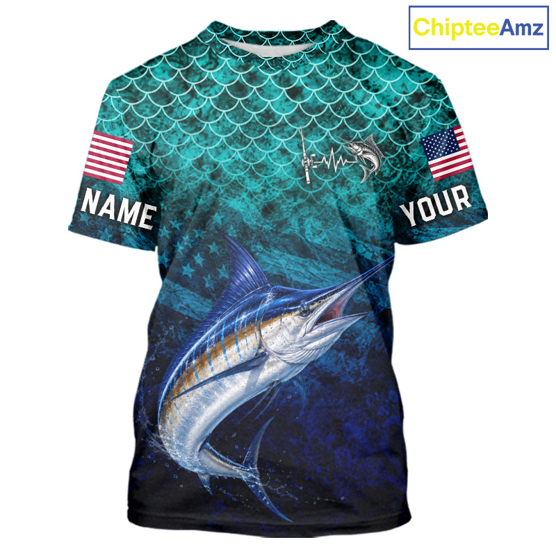 American Flag Marlin Fish Short Sleeve Performance Fishing Shirt Custom Angler Tournament Jersey NHT1657