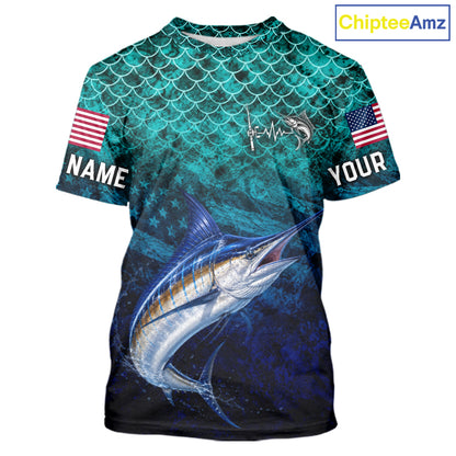 American Flag Marlin Fish Short Sleeve Performance Fishing Shirt Custom Angler Tournament Jersey NHT1657