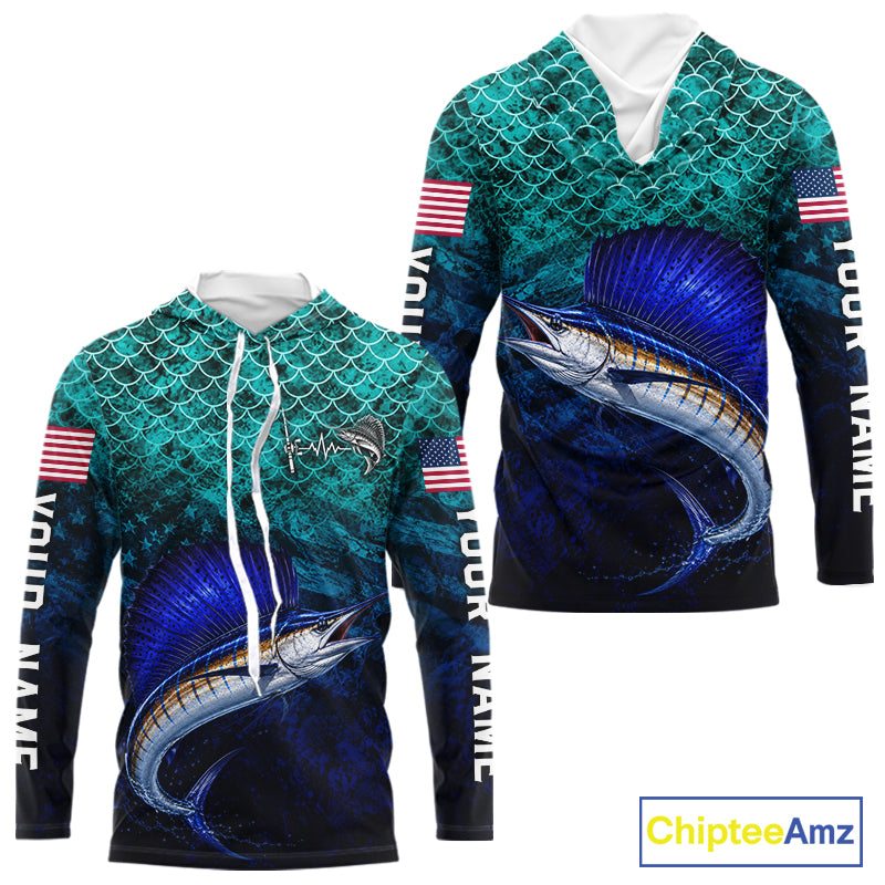 American Flag Sailfish Fish Long Sleeve Hooded Performance Fishing Shirt Custom Angler Tournament Jersey NHT1658