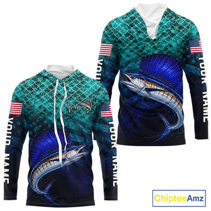 American Flag Sailfish Fish Long Sleeve Hooded Performance Fishing Shirt Custom Angler Tournament Jersey NHT1658