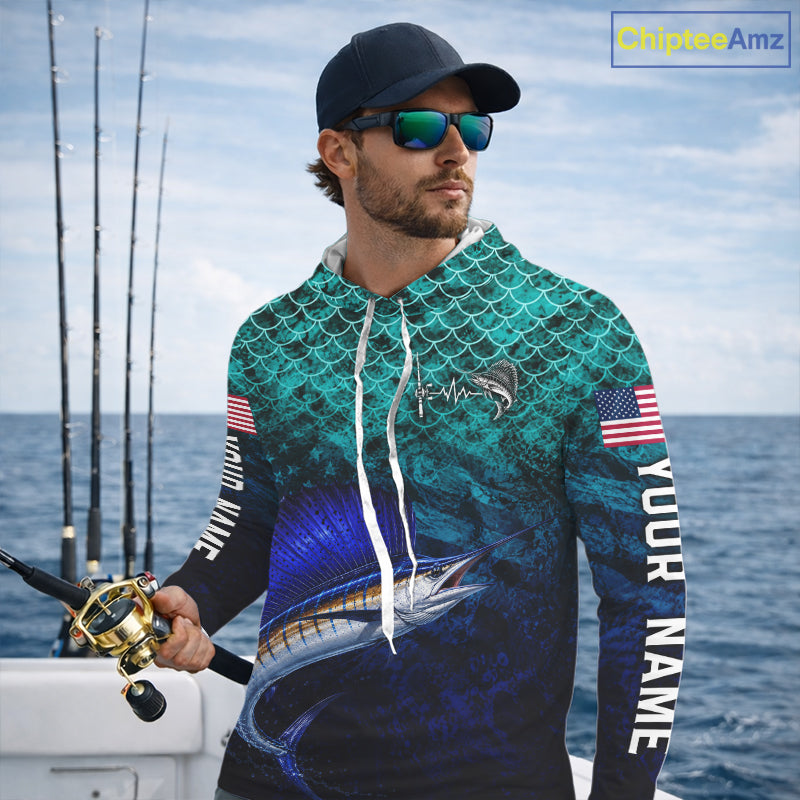 American Flag Sailfish Fish Long Sleeve Hooded Performance Fishing Shirt Custom Angler Tournament Jersey NHT1658