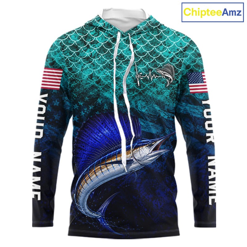 American Flag Sailfish Fish Long Sleeve Hooded Performance Fishing Shirt Custom Angler Tournament Jersey NHT1658
