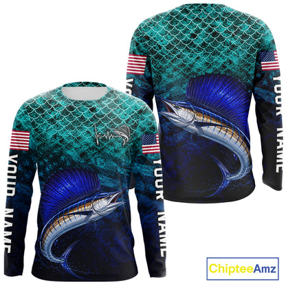 American Flag Sailfish Fish Long Sleeve Performance Fishing Shirt Custom Angler Tournament Jersey NHT1658