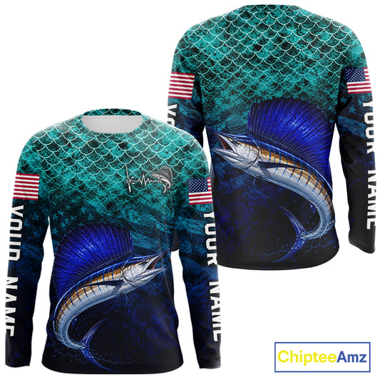 American Flag Sailfish Fish Long Sleeve Performance Fishing Shirt Custom Angler Tournament Jersey NHT1658