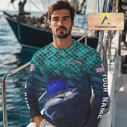 American Flag Sailfish Fish Long Sleeve Performance Fishing Shirt Custom Angler Tournament Jersey NHT1658