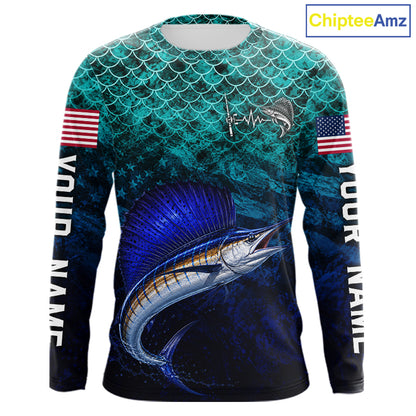American Flag Sailfish Fish Long Sleeve Performance Fishing Shirt Custom Angler Tournament Jersey NHT1658