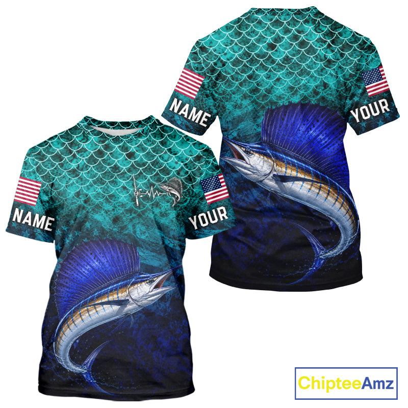 American Flag Sailfish Fish Short Sleeve Performance Fishing Shirt Custom Angler Tournament Jersey NHT1658