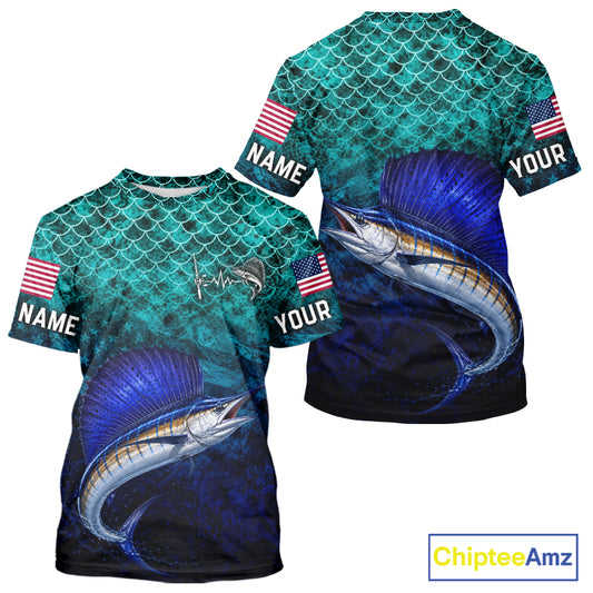 American Flag Sailfish Fish Short Sleeve Performance Fishing Shirt Custom Angler Tournament Jersey NHT1658