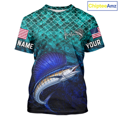American Flag Sailfish Fish Short Sleeve Performance Fishing Shirt Custom Angler Tournament Jersey NHT1658