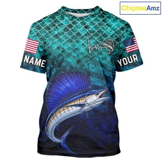 American Flag Sailfish Fish Short Sleeve Performance Fishing Shirt Custom Angler Tournament Jersey NHT1658