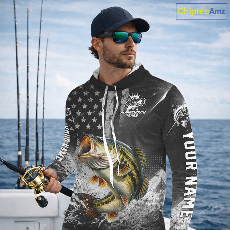 Gray Bass Custom Hooded Long Sleeve Fishing Shirts, American Flag Patriotic Bass Fishing Shirt NHT514