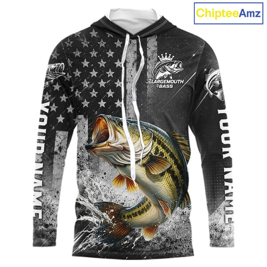 Gray Bass Custom Hooded Long Sleeve Fishing Shirts, American Flag Patriotic Bass Fishing Shirt NHT514