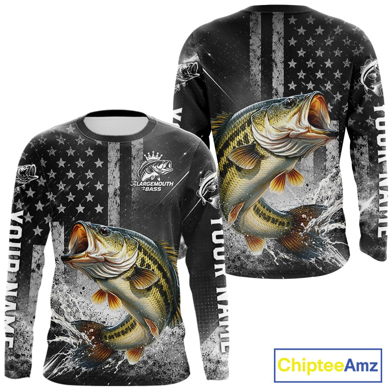 Gray Bass Custom Long Sleeve Fishing Shirts, American Flag Patriotic Bass Fishing Shirt NHT514