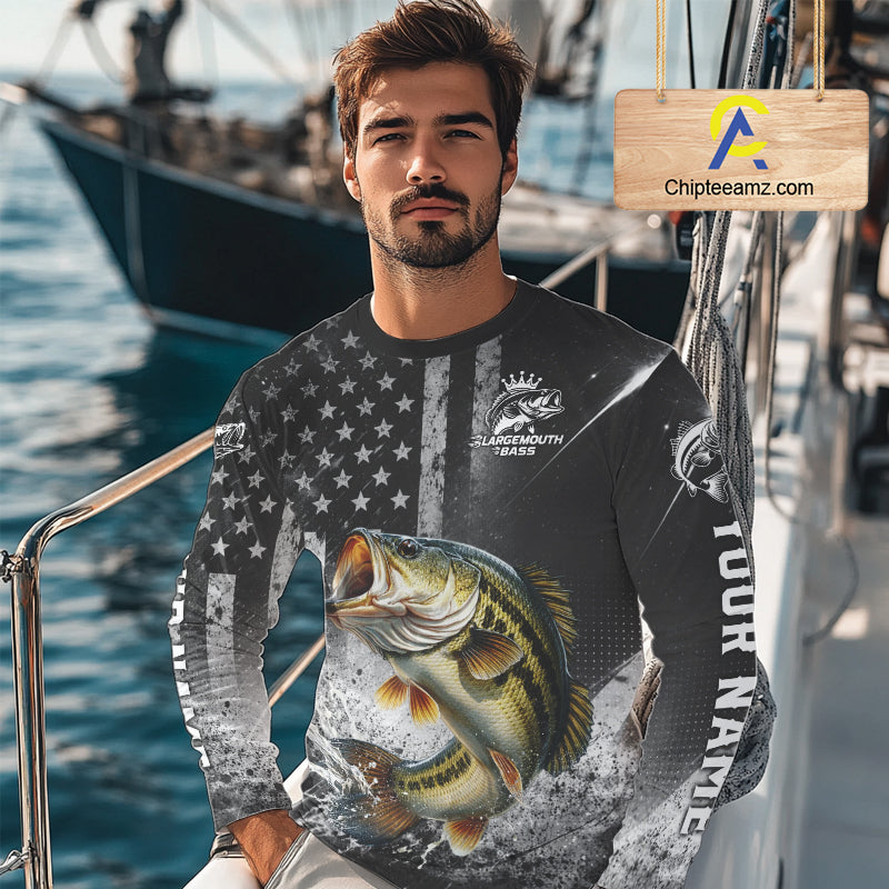 Gray Bass Custom Long Sleeve Fishing Shirts, American Flag Patriotic Bass Fishing Shirt NHT514
