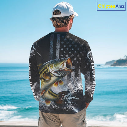 Gray Bass Custom Long Sleeve Fishing Shirts, American Flag Patriotic Bass Fishing Shirt NHT514