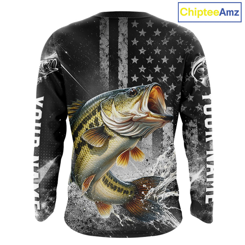 Gray Bass Custom Long Sleeve Fishing Shirts, American Flag Patriotic Bass Fishing Shirt NHT514