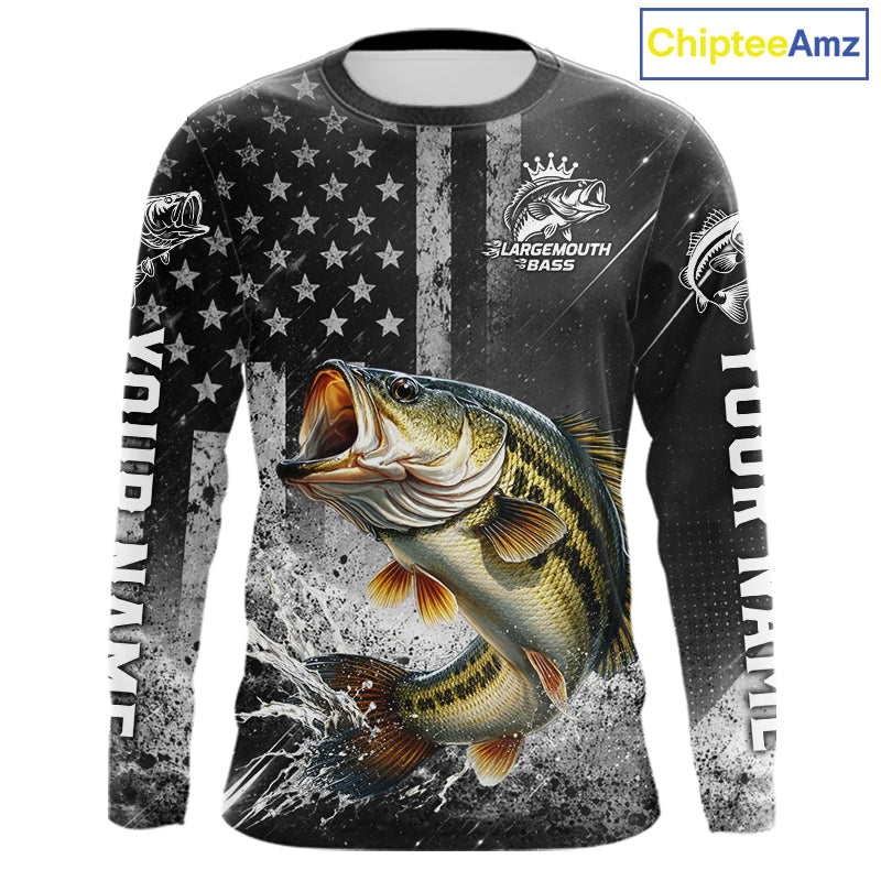 Gray Bass Custom Long Sleeve Fishing Shirts, American Flag Patriotic Bass Fishing Shirt NHT514