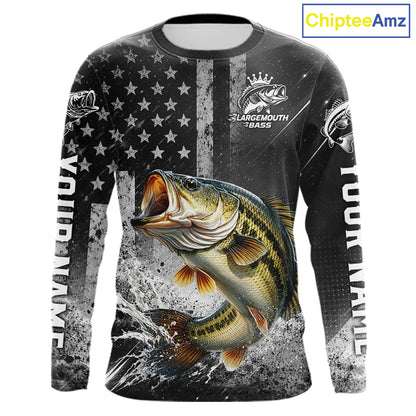 Gray Bass Custom Long Sleeve Fishing Shirts, American Flag Patriotic Bass Fishing Shirt NHT514