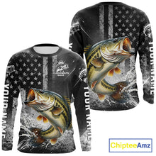 Load image into Gallery viewer, Gray Bass Custom Long Sleeve Fishing Shirts, American Flag Patriotic Bass Fishing Shirt NHT514