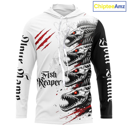 Personalized Fishing Fish Skeleton Hooded Fishing Shirts Jerseys, Fish Reaper Skull Fishing Shirts NHT516