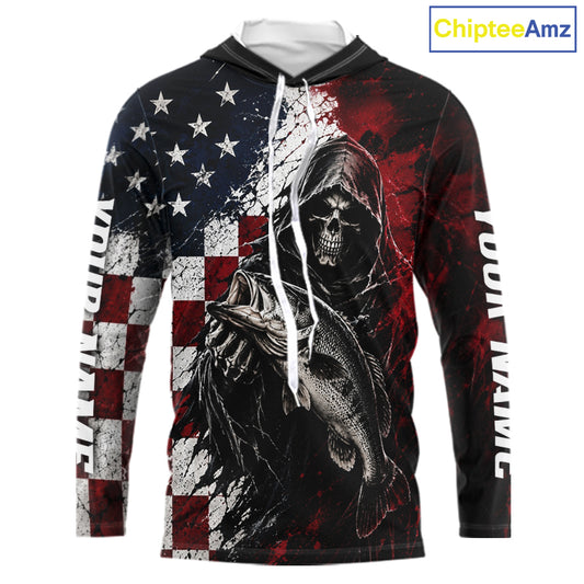 Hoodie with American flag design and skeleton holding a fish, brand 'Chiptee Amz' visible.