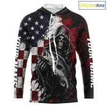 Load image into Gallery viewer, Hoodie with American flag design and skeleton holding a fish, brand 'Chiptee Amz' visible.
