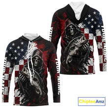 Load image into Gallery viewer, Hoodie with American flag design and skeleton holding a fish, brand 'Chiptee Amz' visible.