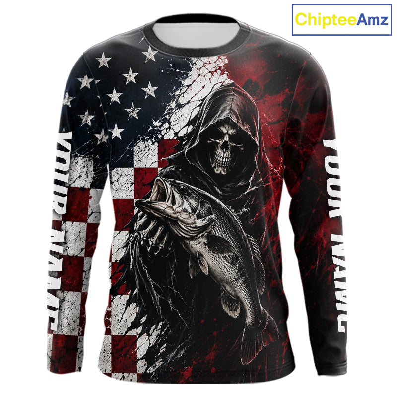 Grim Reaper Largemouth Bass Jersey – American Flag Patriotic Fisherman Long Sleeve Fishing Shirt