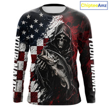 Load image into Gallery viewer, Grim Reaper Largemouth Bass Jersey – American Flag Patriotic Fisherman Long Sleeve Fishing Shirt