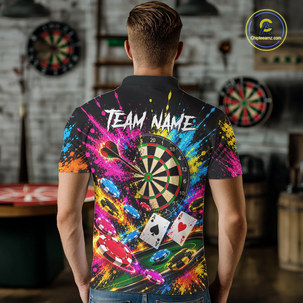 Dartboard Playing Cards Poker Chips Polo Shirt For Men Custom Colorful Darts Team Tournament Jersey NHT1664