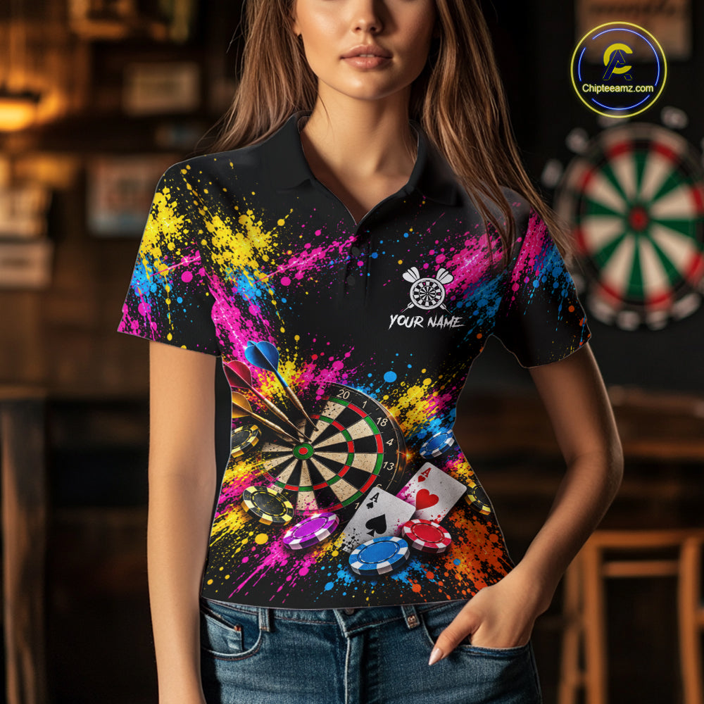 Dartboard Playing Cards Poker Chips Polo Shirt For Women Custom Colorful Darts Team Tournament Jersey NHT1664