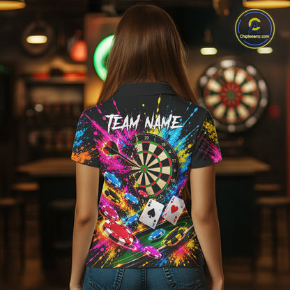 Dartboard Playing Cards Poker Chips Polo Shirt For Women Custom Colorful Darts Team Tournament Jersey NHT1664