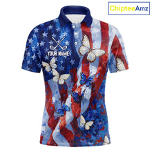 Load image into Gallery viewer, Personalized American Flag Butterfly Golf Polo Shirt – Custom Name Patriotic Team Apparel