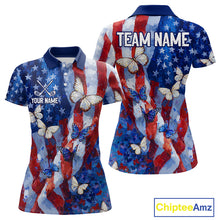 Load image into Gallery viewer, Personalized American Flag Butterfly Womens Golf Polo Shirt – Custom Name Patriotic Team Apparel