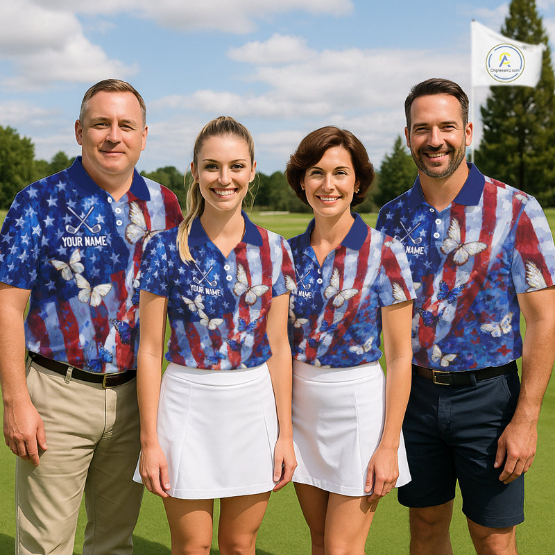 Personalized American Flag Butterfly Womens Golf Polo Shirt – Custom Name Patriotic Team Apparel NHT1033
