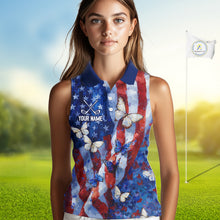 Load image into Gallery viewer, Personalized American Flag Butterfly Womens Sleeveless Golf Polo Shirt – Custom Name Patriotic Team Apparel 