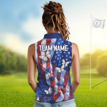 Load image into Gallery viewer, Personalized American Flag Butterfly Womens Sleeveless Golf Polo Shirt – Custom Name Patriotic Team Apparel 