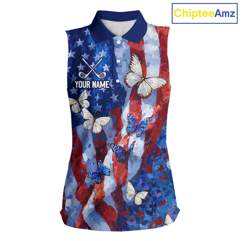 Personalized American Flag Butterfly Womens Sleeveless Golf Polo Shirt – Custom Name Patriotic Team Apparel 