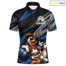 Load image into Gallery viewer, Men's custom cowboy duck bowling polo shirt – blue front view