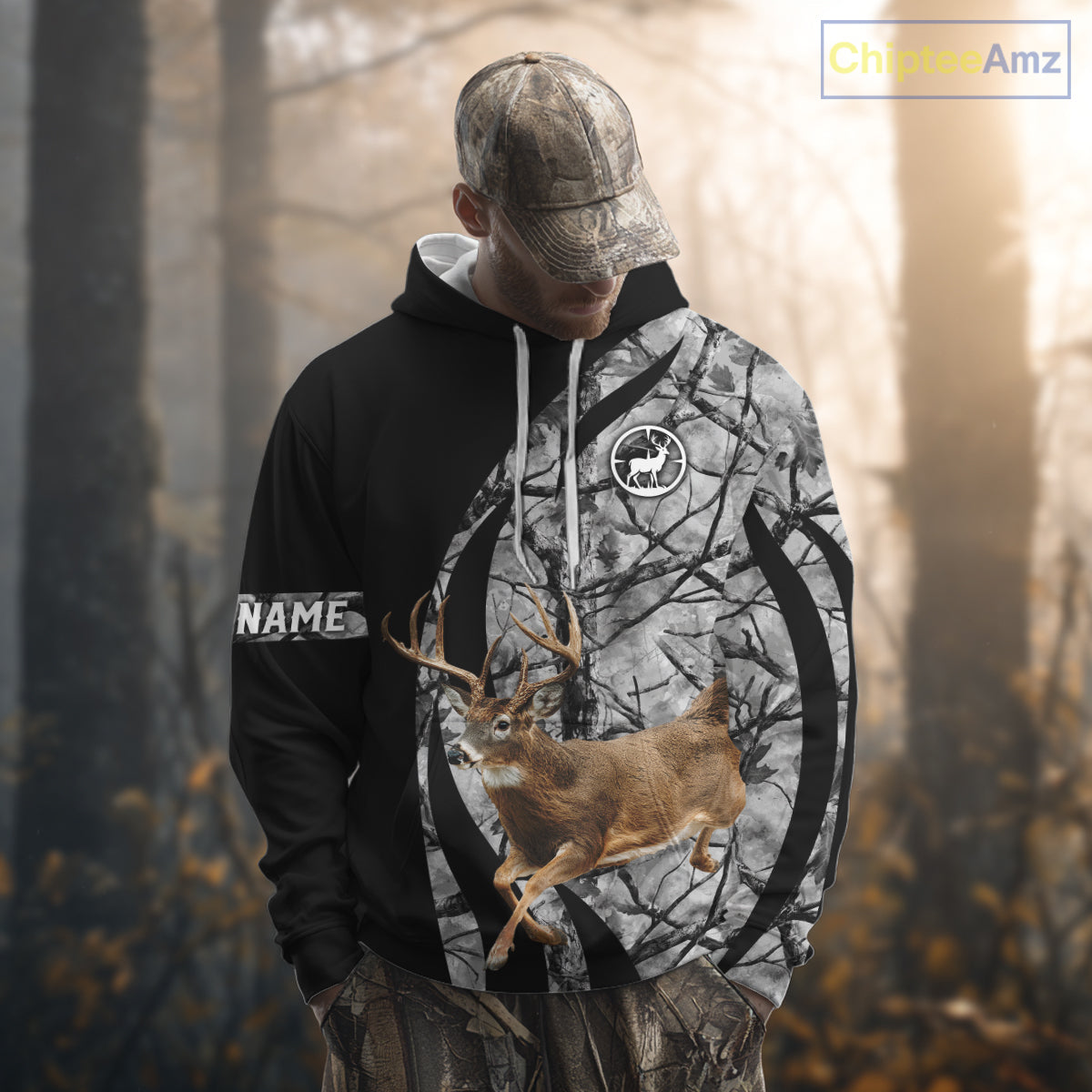 Deer Jumping Hunting 3D Black Gray Camo Custom Name All Over Print Shirt Hunting Shirts NHT206