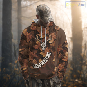 Skull Deer Hunting 3D Brown Camo Autumn Custom Name All Over Print Shirt Hunting Clothes NHT207